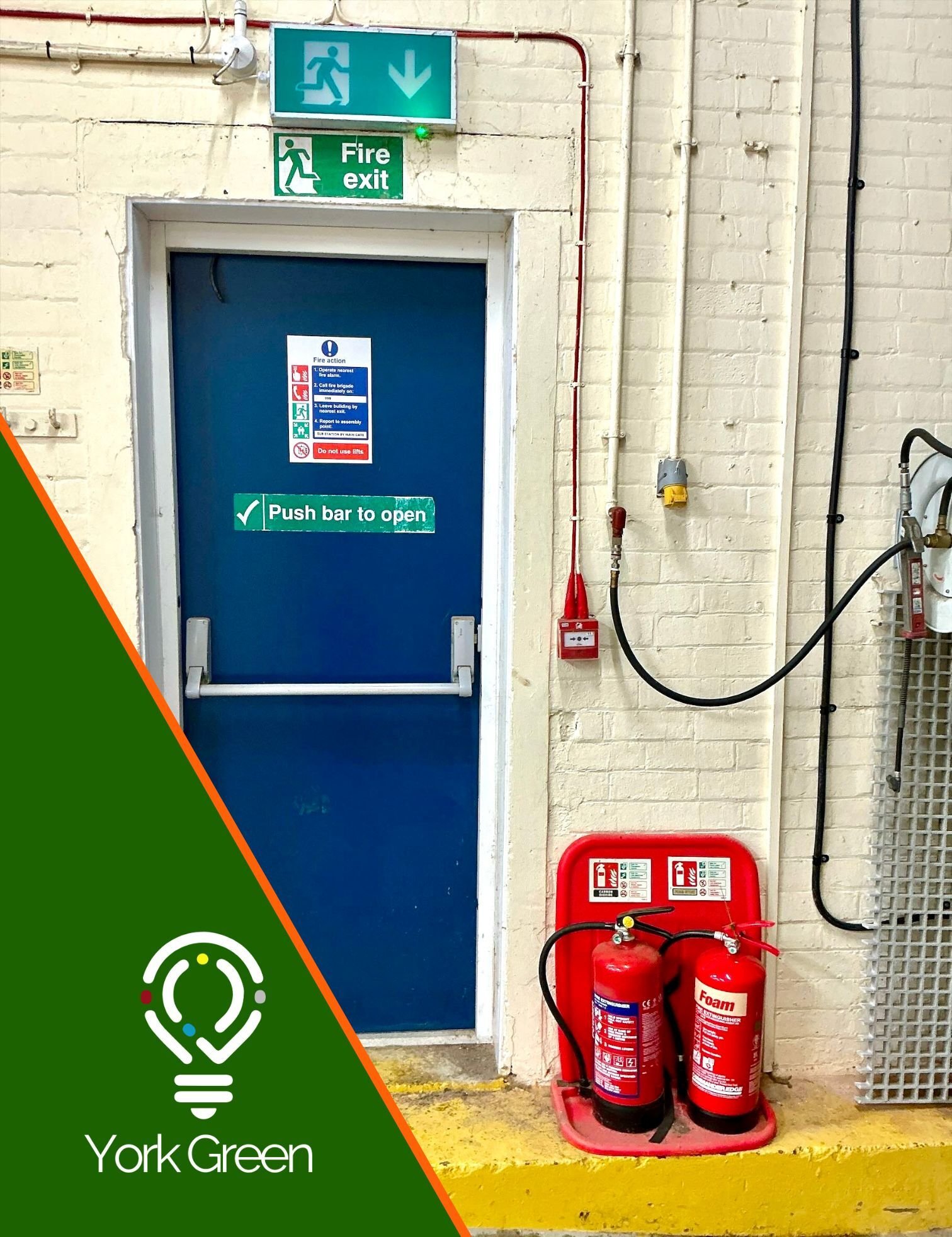 Fire exit, fire extinguishers, fire alarm call point and emergency lighting